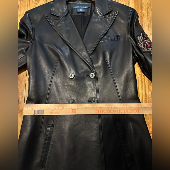 Never worn! Ralph Lauren Black Leather Long Jacket with Unique Embroidery Detail - Picture 8 of 8